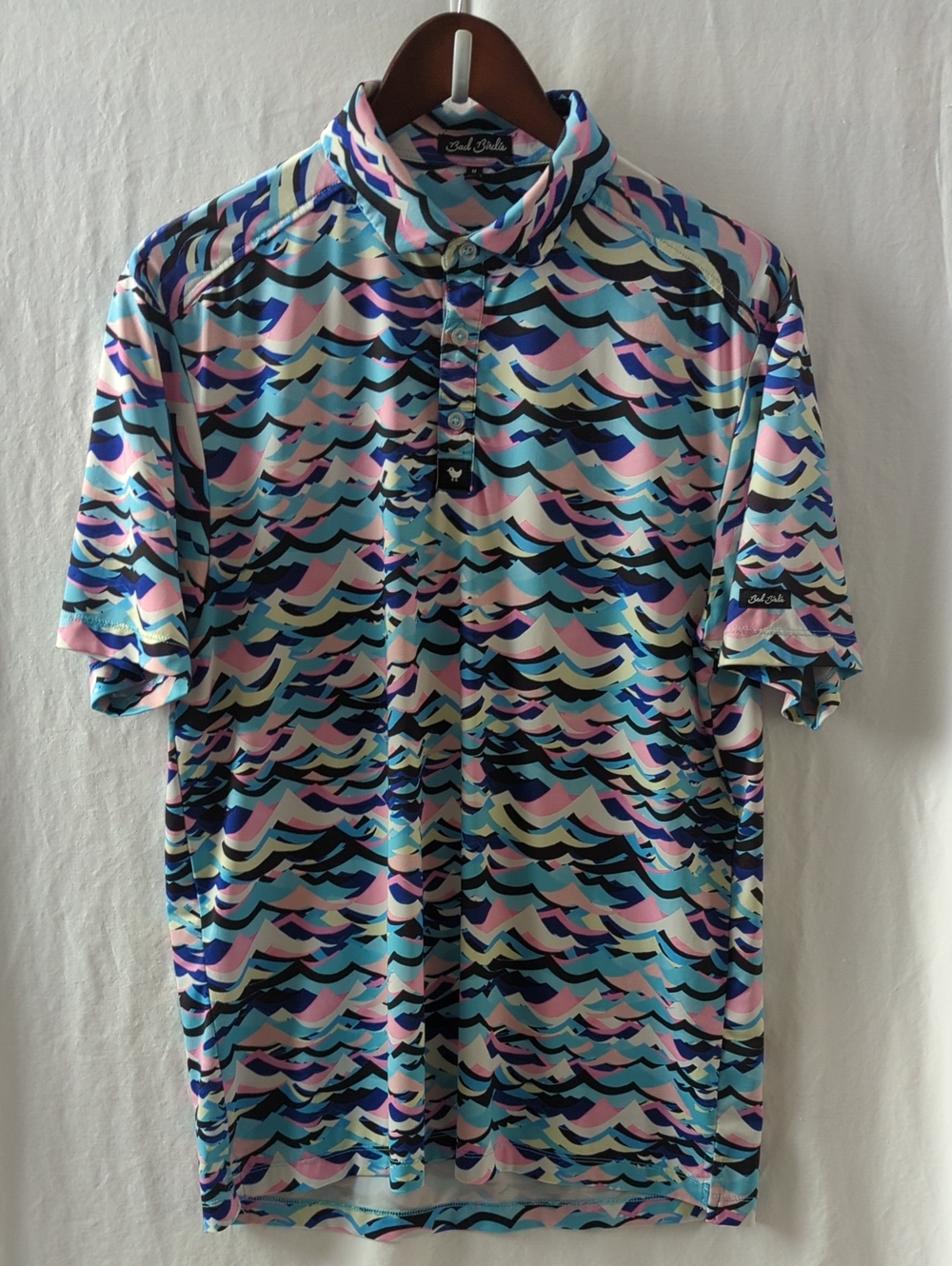 Bad Birdie Waterboy Golf Polo Shirt Mens Medium M Abstract Wave Pink Blue Teal